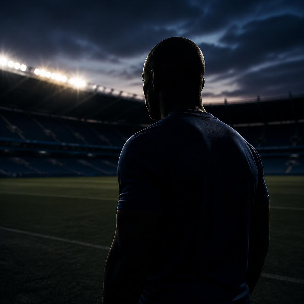 Former professional football player standing in an empty stadium at dusk